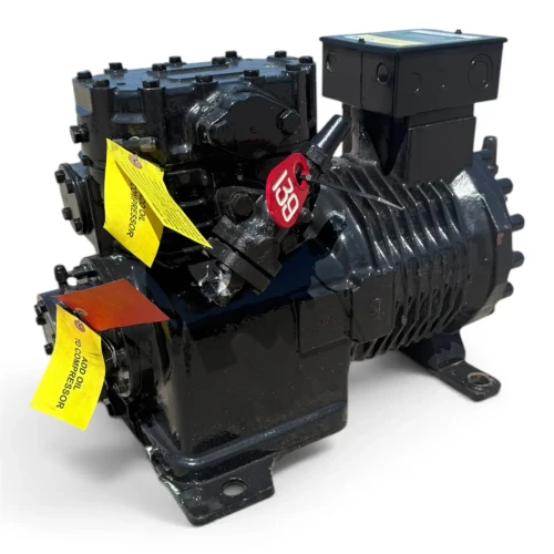 Front-left view of a used Copeland 9RC1-101A-TFD 10 HP Copelametic compressor #139, 3 phase 460 volt, showing the black ribbed cast-iron body, the blue "Copeland Copelametic" nameplate, a red inventory tag reading "139," and two yellow/orange "Add Oil To Compressor" tags.