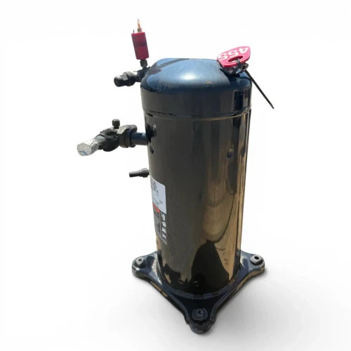 Front-left view of a used Copeland ZF15K4E-TF5 5.5 HP scroll compressor, 3 phase 208-230 volt, showing a red oval "455" inventory tag, a red cylindrical run capacitor on top, and a valve fitting wrapped in foil tape.