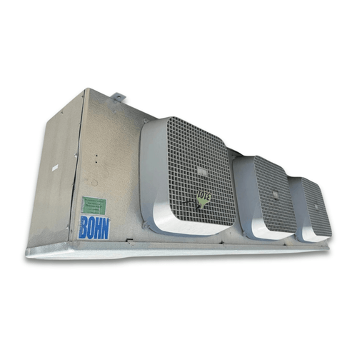 Front-left view of a used Bohn BML-330CEA electric defrost evaporator #3101, a gray fan coil unit with three white-grille fans and a Bohn logo decal.