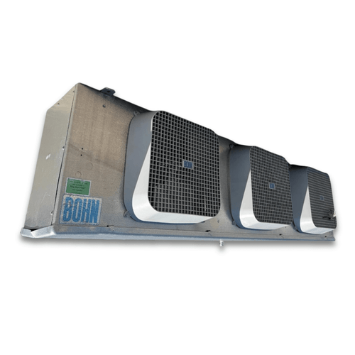 Front-left view of a used Bohn BML-330CEA electric defrost evaporator #3102, a gray fan coil unit with three white-grille fans and a Bohn logo decal.