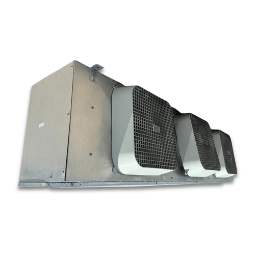 Front-left view of a used Bohn MPA-3651F evaporator #3367, a gray fan coil unit with three square white-grille fans.