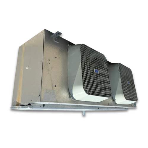 Front-left view of a used Bohn MPE-1902F evaporator #3346, a gray fan coil unit with two round wire-grille fans, a Bohn logo, and support legs.