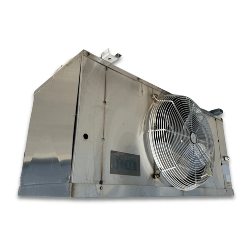 Front-left view of a used Cancoil EMPS-16212B evaporator #3086, a stainless fan coil unit with a single round wire-grille fan and a Cancoil logo.