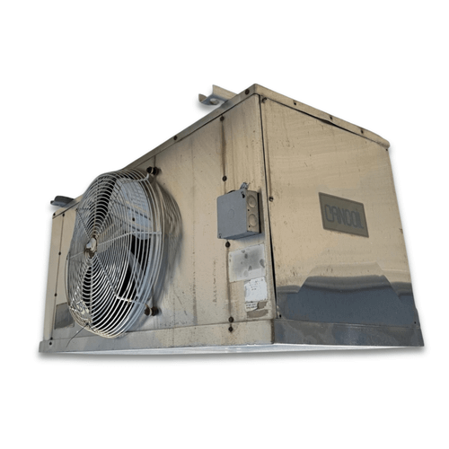 Front-right view of the used Cancoil EMPS-16212B evaporator #3162, showing the cabinet side panel and rating labels.