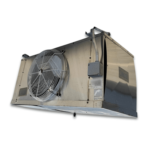 Front-right view of the used Cancoil EMPS-16212B evaporator #3353, showing the cabinet side panel and rating labels.
