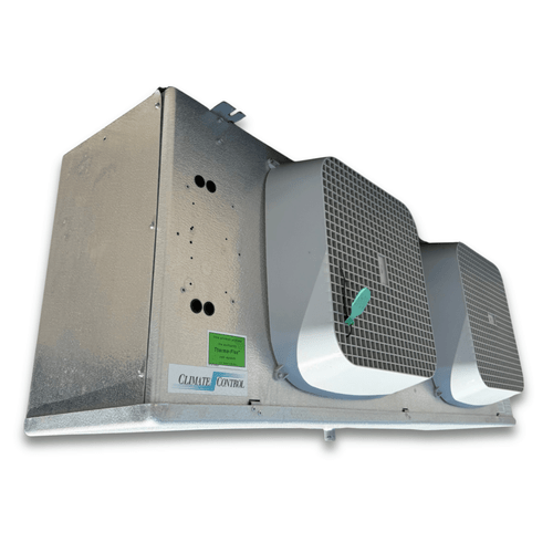 Used gray evaporator with two fans front side view showing labels.