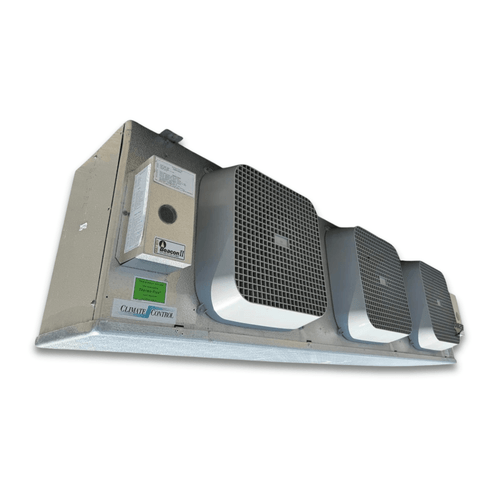 Front-left view of a used Climate Control CML-330DA evaporator, a gray fan coil unit with three square white-grille fans and a Heatcraft PowerFrost logo.