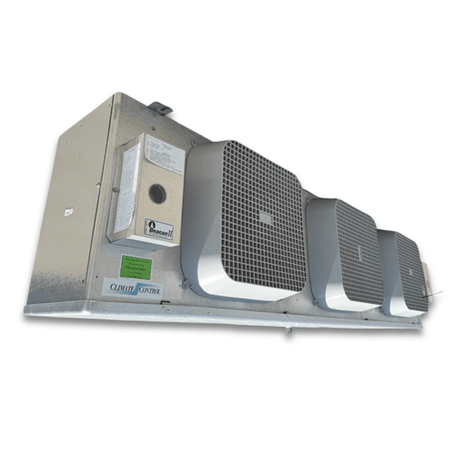 Front-left view of a used Climate Control CML-330DA evaporator #3439, a gray fan coil unit with three white-grille fans and a Beacon II defrost control.