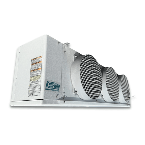 Front-left view of a used Keeprite KLP-315VE evaporator #3167, a white fan coil unit with three honeycomb-grille fans and a KeepRite logo.