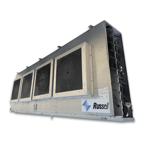 Front-left view of a used Russell UEU4-1080G evaporator, a gray fan coil unit with four square-grille fans and a Russell logo.