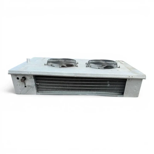 Straight-on view of the used Hussmann GAL24-90ED low velocity evaporator #1030, showing the two round black-grille fans.