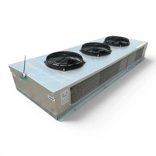 Front-left view of a used Russell RV6E-129DD low velocity evaporator #2142, a gray fan coil unit with three round black-grille fans and a Russell logo.