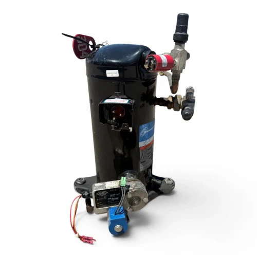Front view of a used Copeland ZS21K4E-TFD 3 HP scroll compressor, 3 phase 460 volt, showing two unconnected foil-wrapped copper stub lines, a red "304" inventory tag, and a yellow "Important" warning tag.