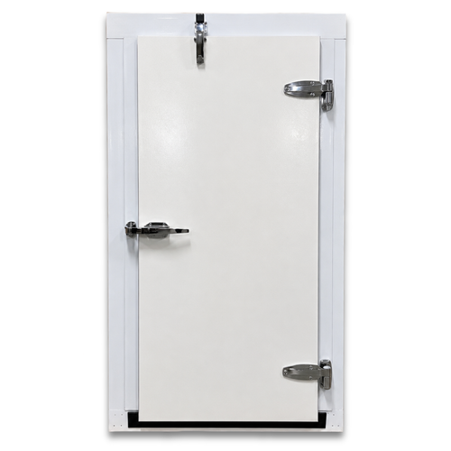 White door with stainless steel hinges and latch as part of a walk-in cooler or freezer