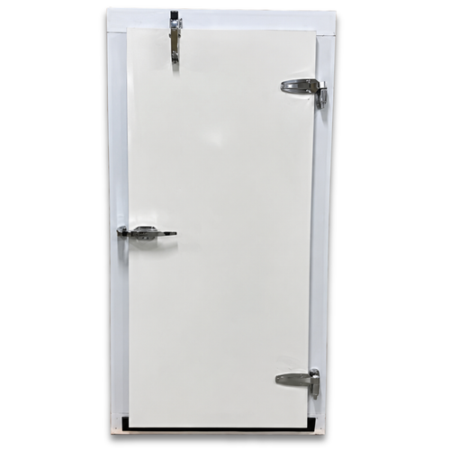 White door with stainless steel hinges and latch as part of a walk-in cooler or freezer