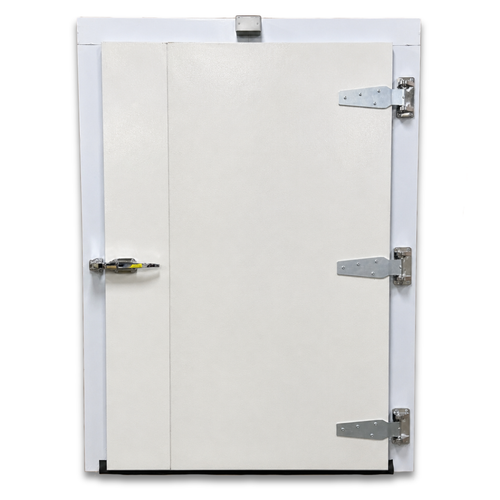 White door with stainless steel hinges and latch as part of a walk-in cooler or freezer