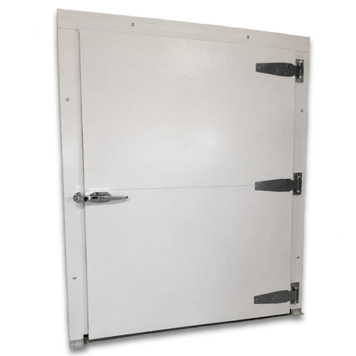White door with stainless steel hinges and latch as part of a walk-in cooler or freezer