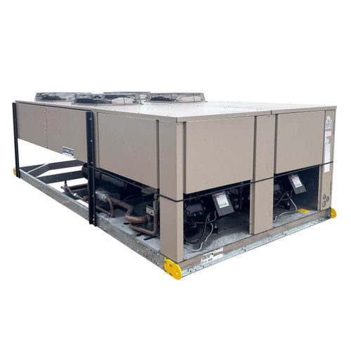Commercial medium temperature system with multiple top-mounted fans and visible compressor components on a metal frame
