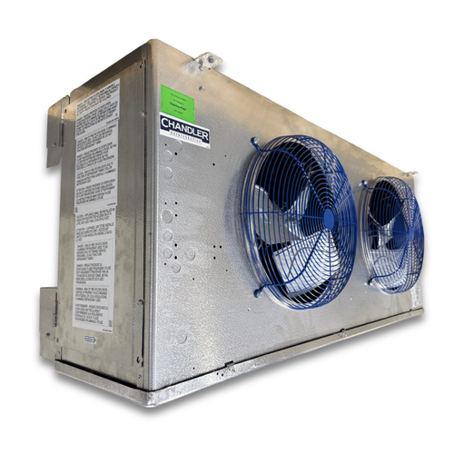 Silver evaporator with two fans front side view showing labels.
