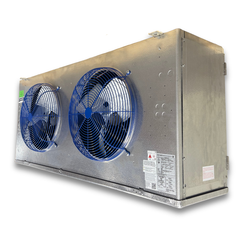 Blue/silver evaporator front side view showing labels.