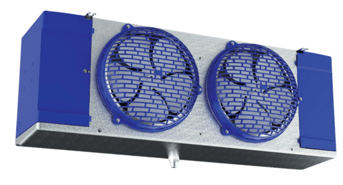 Commercial refrigeration evaporator unit with two blue fan guards and silver housing