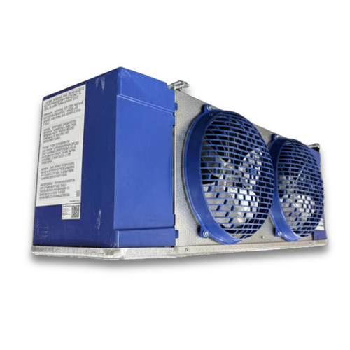 Blue/gray evaporator with two fans front side view showing labels.
