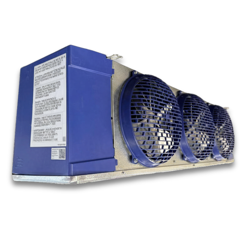 Blue/gray evaporator with three fans front side view showing labels.