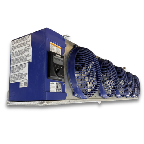 Blue/gray evaporator with five fans front side view showing labels.