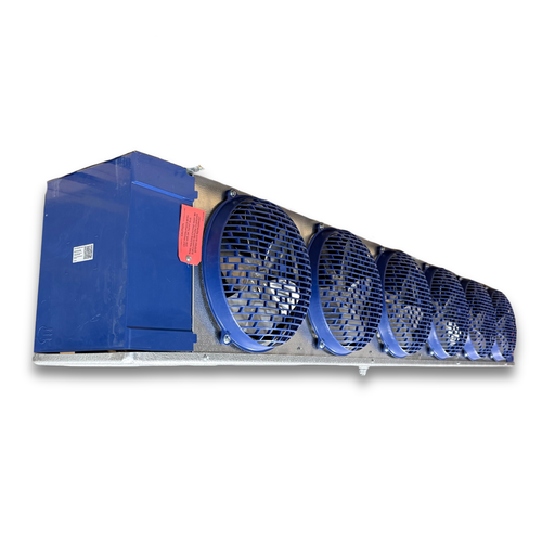 Blue/gray evaporator with five fans front side view showing labels.