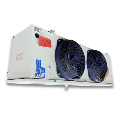 White evaporator with two fans front side view showing labels.