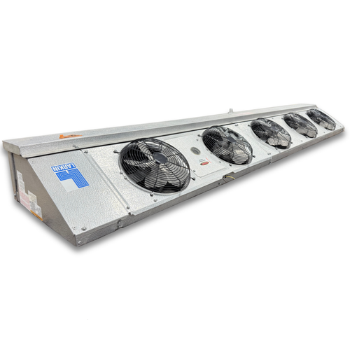 Silver evaporator with five fans front side view showing labels.
