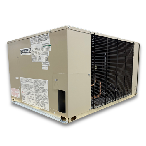 Beige condensing unit with side front view showing labels.