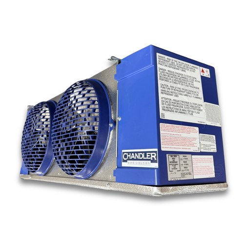 Blue/gray evaporator with two fans front side view showing labels.