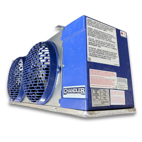 Blue/gray evaporator with two fans front side view showing labels.