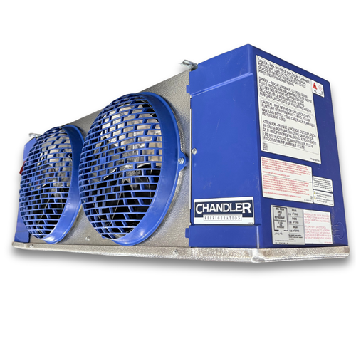 Blue/gray evaporator with two fans front side view showing labels.