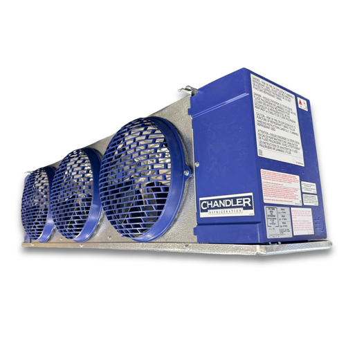 Blue/gray evaporator with three fans front side view showing labels.
