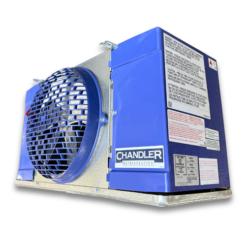 Blue/gray evaporator with one fan front side view showing labels.