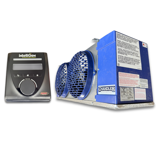 Blue/gray evaporator with two fans front side view showing labels with IntelliGen Controller.