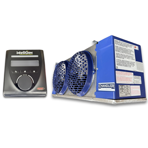 Blue/gray evaporator with two fans front side view showing labels with IntelliGen Controller.