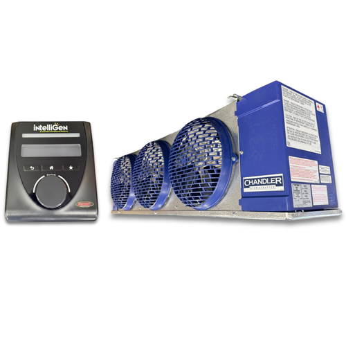 Blue/gray evaporator with three fans front side view showing labels with IntelliGen Controller.