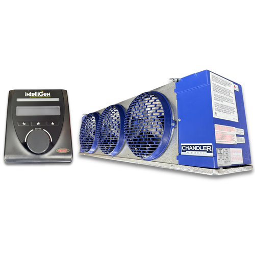 Blue/gray evaporator with three fans front side view showing labels with IntelliGen Controller.
