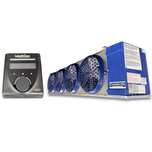 Blue/gray evaporator with four fans front side view showing labels with IntelliGen Controller.