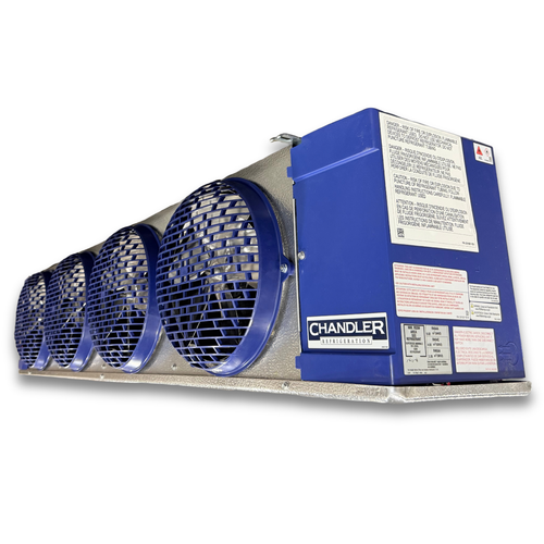 Blue/gray evaporator with four fans front side view showing labels.
