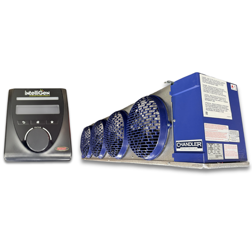Blue/gray evaporator with four fans front side view showing labels with IntelliGen Controller.
