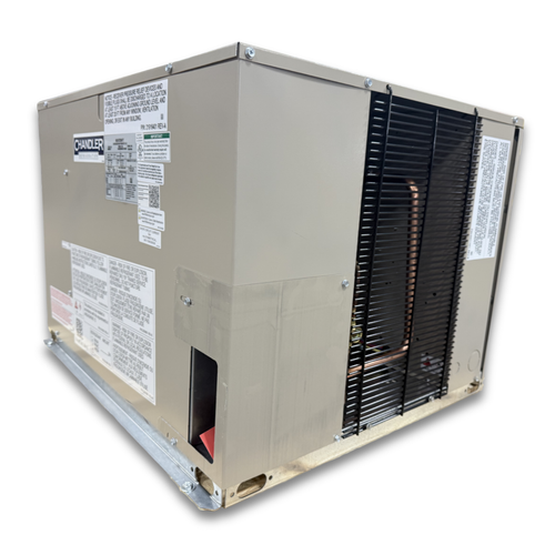 Beige condensing unit with front side view showing labels.