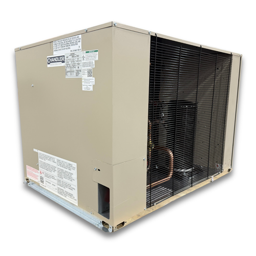 Beige condensing unit with front side view showing labels.
