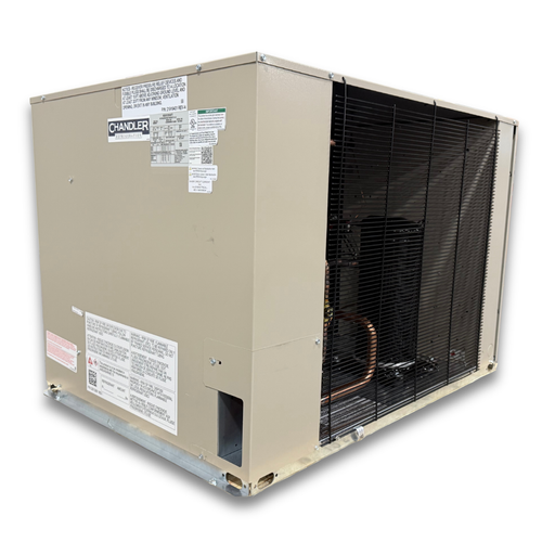 Beige condensing unit with front side view showing labels.