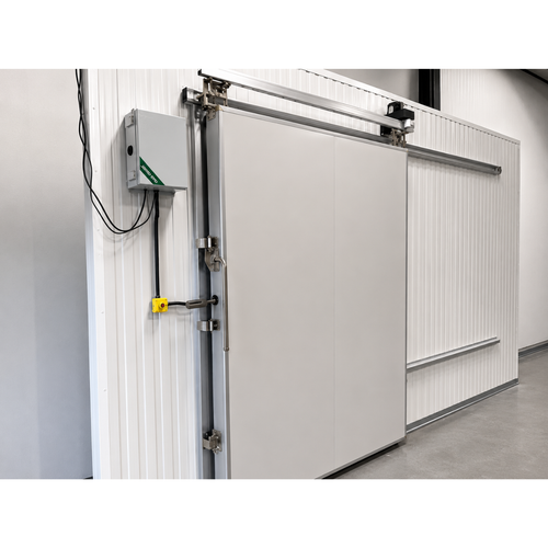 Off-white electric sliding cooler-freezer door