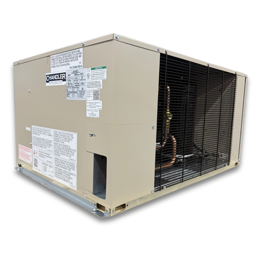 Beige condensing unit with side front view showing labels.