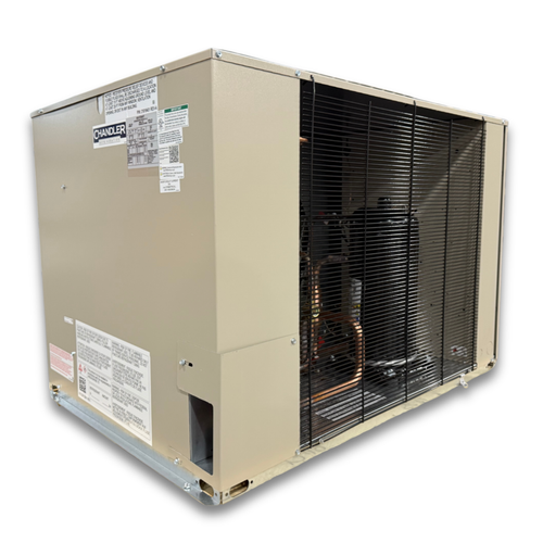 Beige condensing unit with front side view showing labels.
